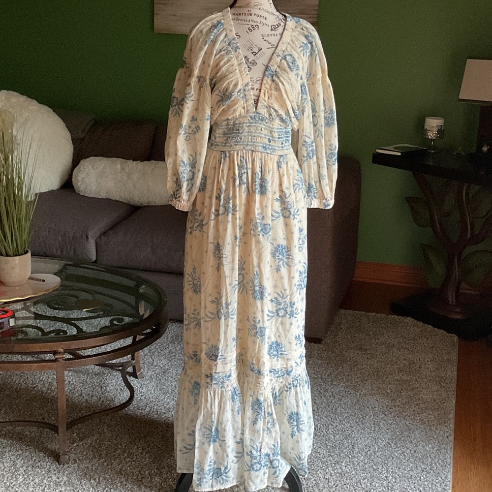 Free People Blue and Cream Long Sleeve Dress, Size Large